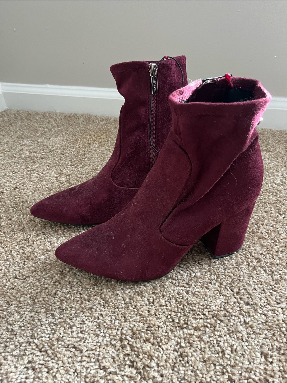 Unisa Burgundy Suede Pointed-Toe Block Heel Ankle Boots